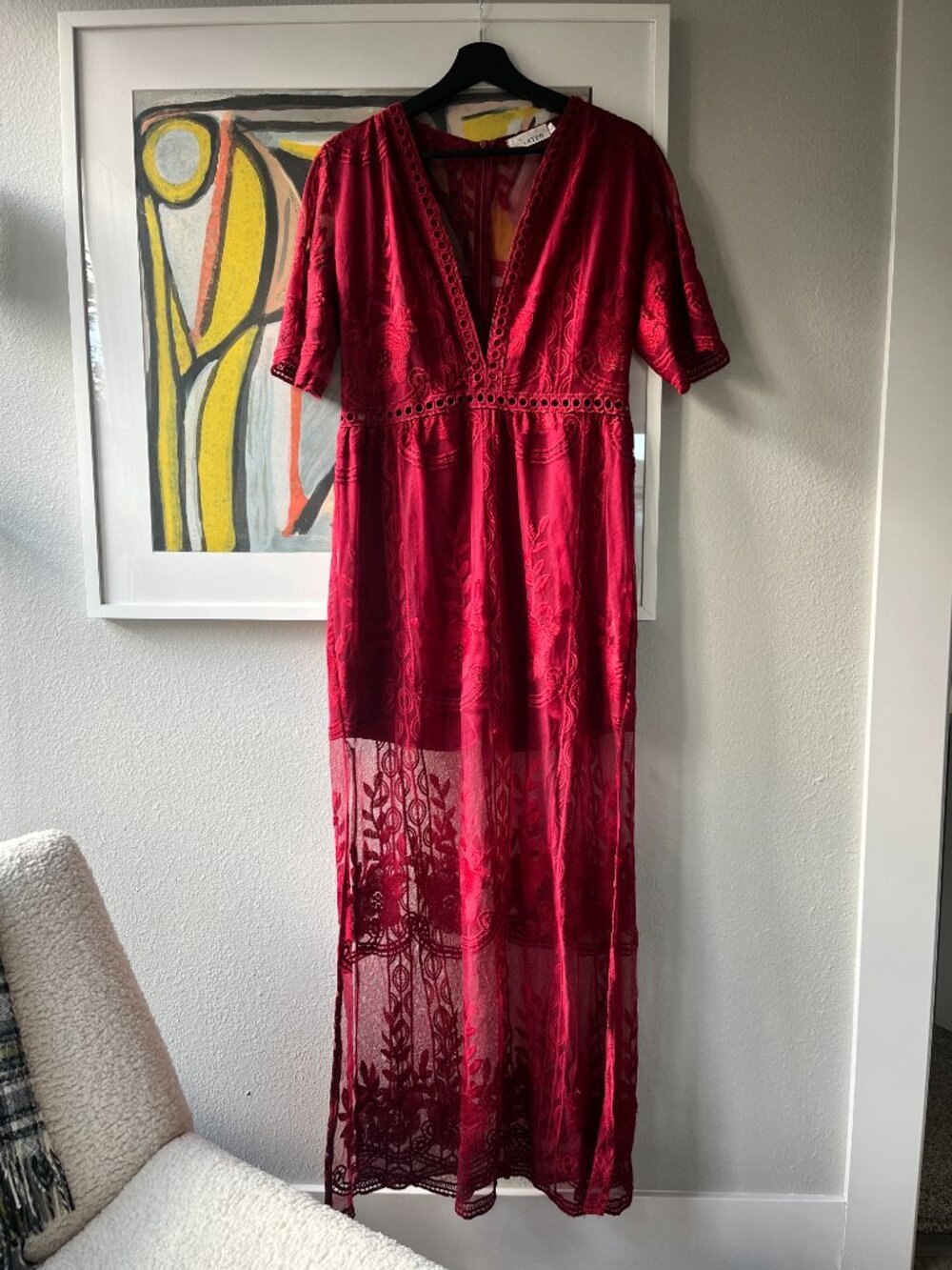 Eleter Red Embroidered Lace Overlay Maxi Dress L - Picture 9 of 9